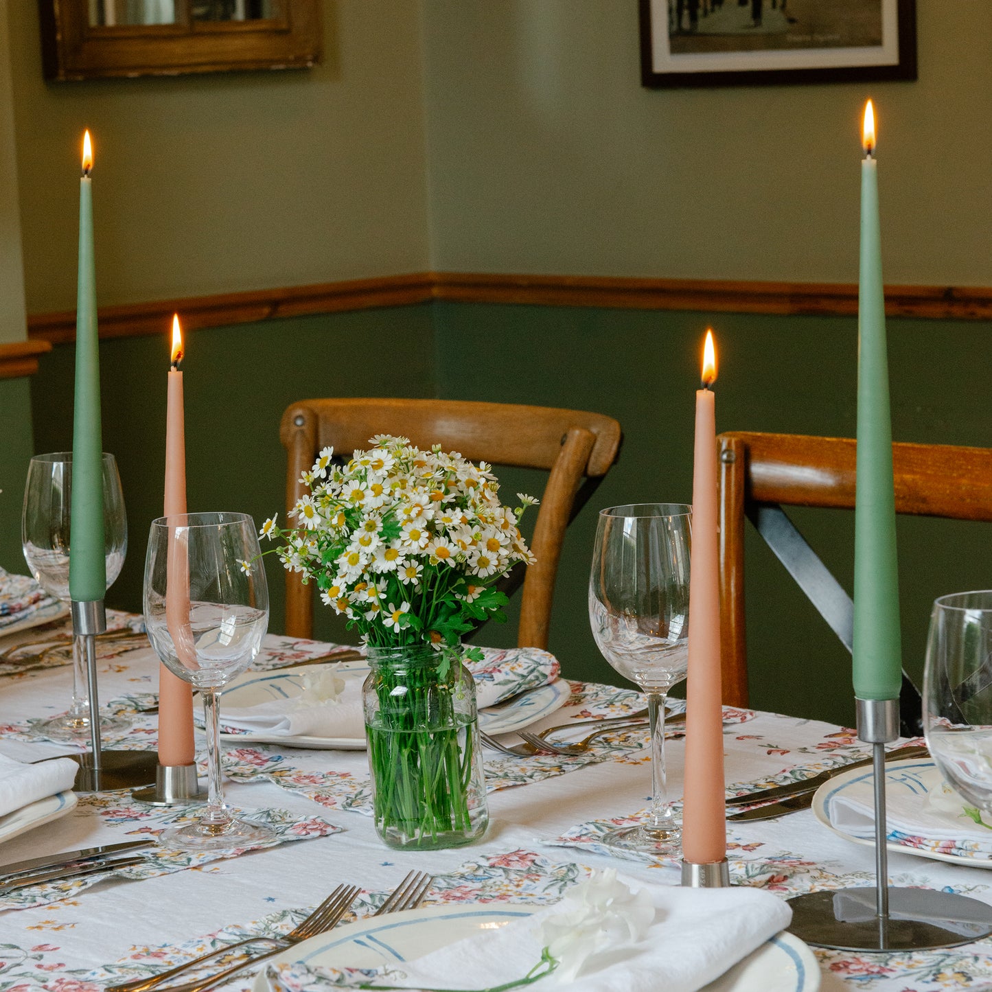 Set of 2 Light Green Tapered Candles